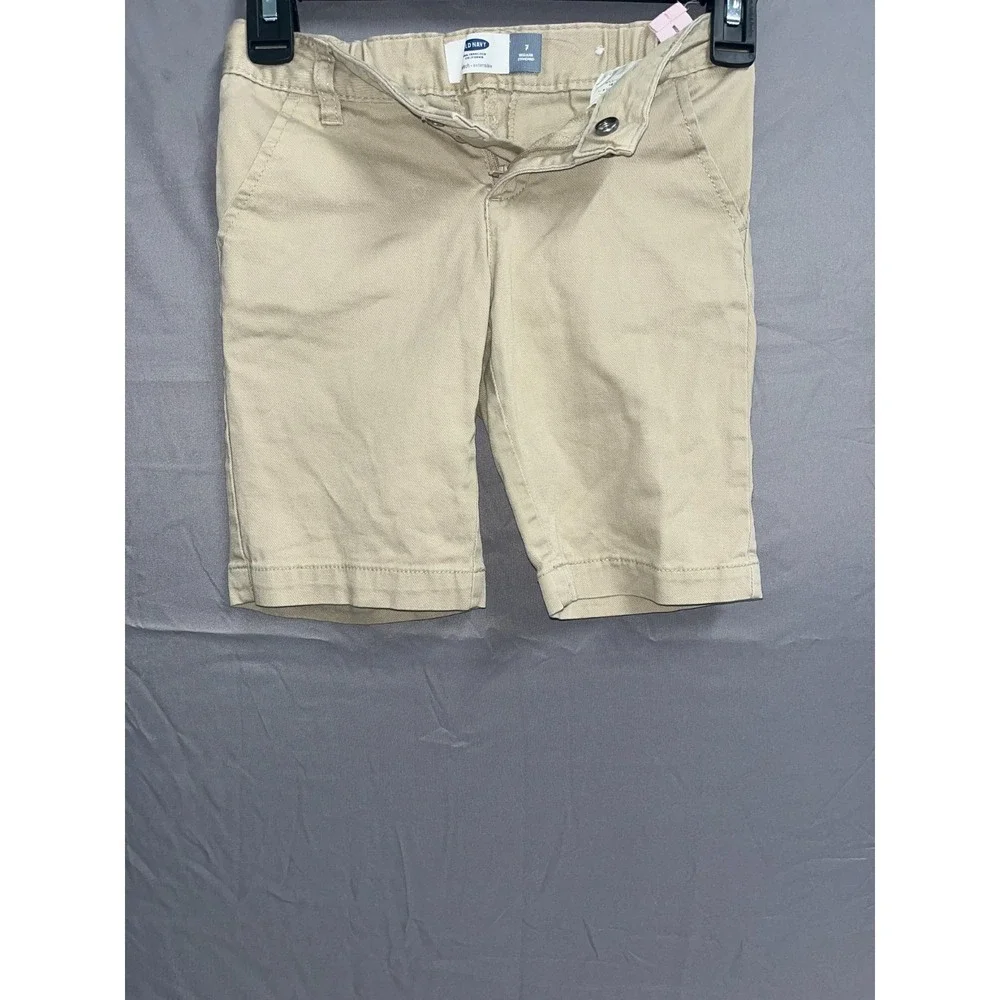Old Navy Chino Shorts Girls 7 Beige Cotton Stretch Standard Fit Flat Front‎